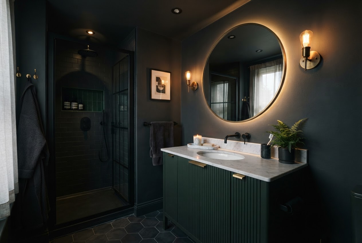 Small bathroom with dark moody charcoal walls and matte black fixtures