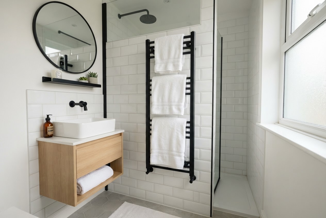 Small bathroom with slimline wall-mounted heated towel rail in matte black
