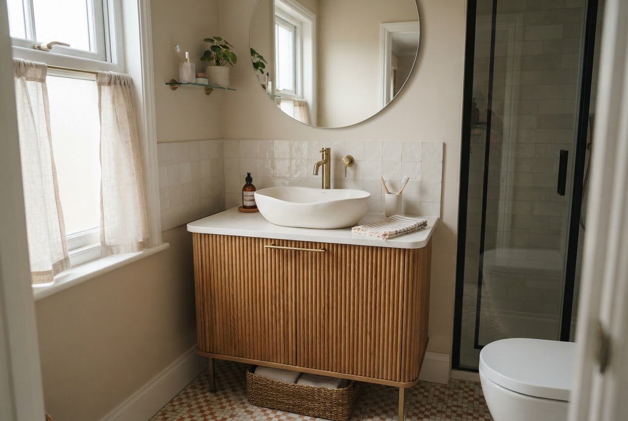 Small bathroom with fluted wood vanity unit with vertical reeded texture