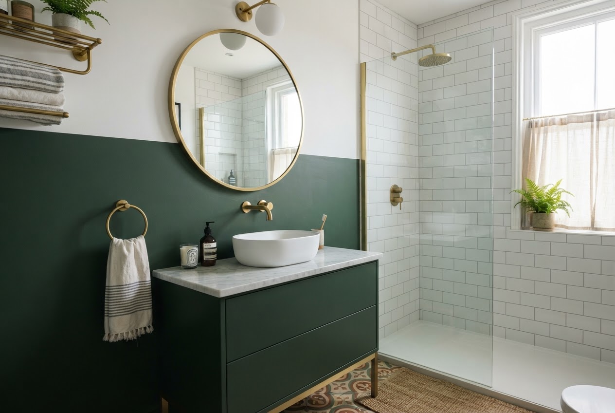 Small bathroom with bold color-blocked vanity in deep forest green