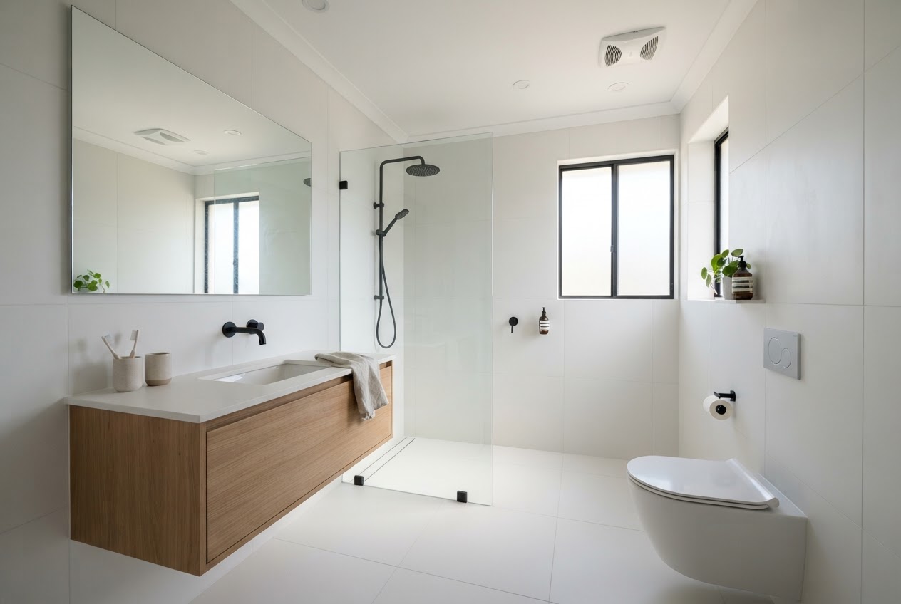 Small bathroom with large-format white porcelain tiles floor to ceiling