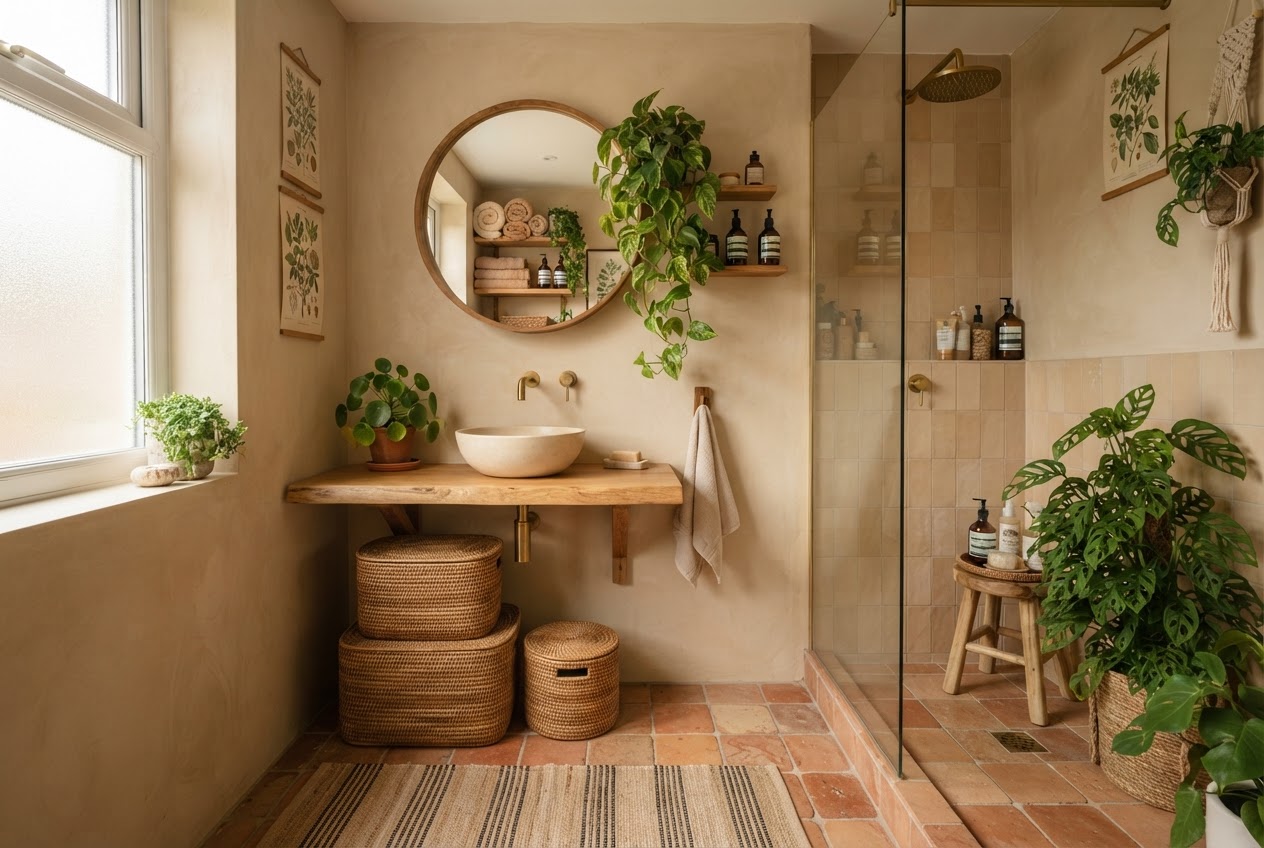Small bathroom with warm earth tones, terracotta tiles and natural wood vanity
