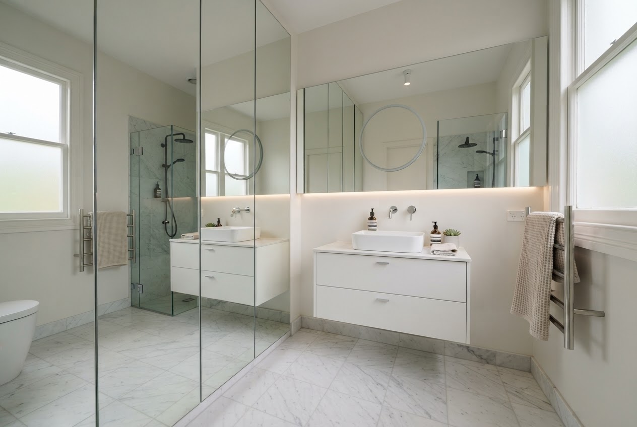 Small bathroom with full-height mirror wall panels creating illusion of double space
