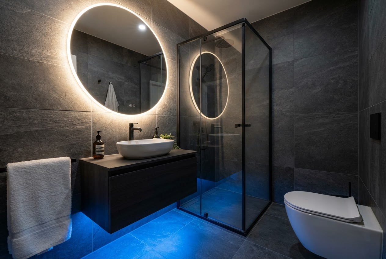 Small bathroom with smart LED lighting, color-changing strips under vanity