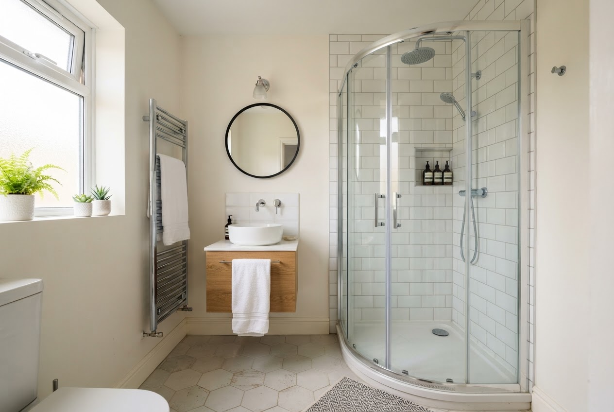 Small bathroom with curved glass quadrant shower enclosure in corner