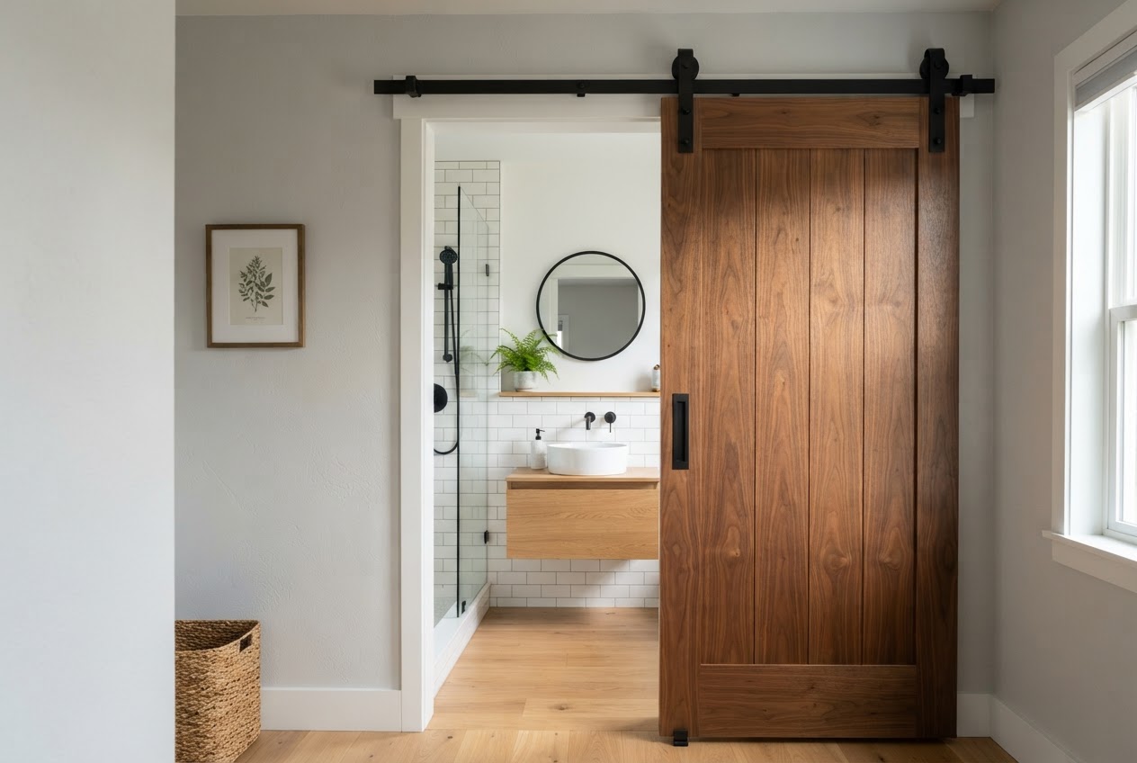 Small bathroom entry with sliding pocket barn door in walnut wood