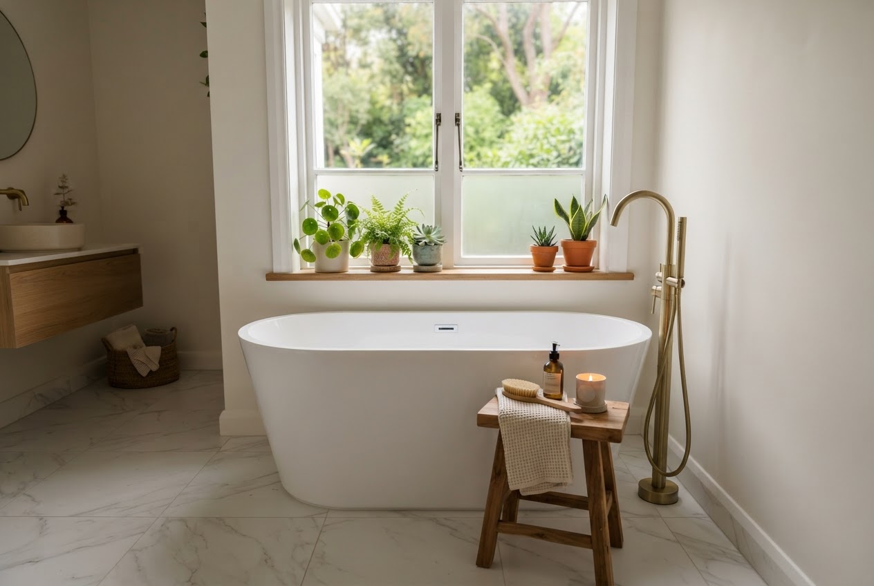 Small bathroom with compact freestanding soaking tub near window