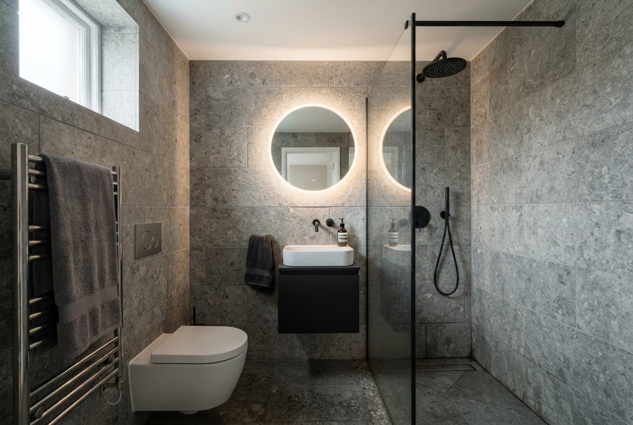 Small wet room bathroom with open walk-in shower and grey stone tiles