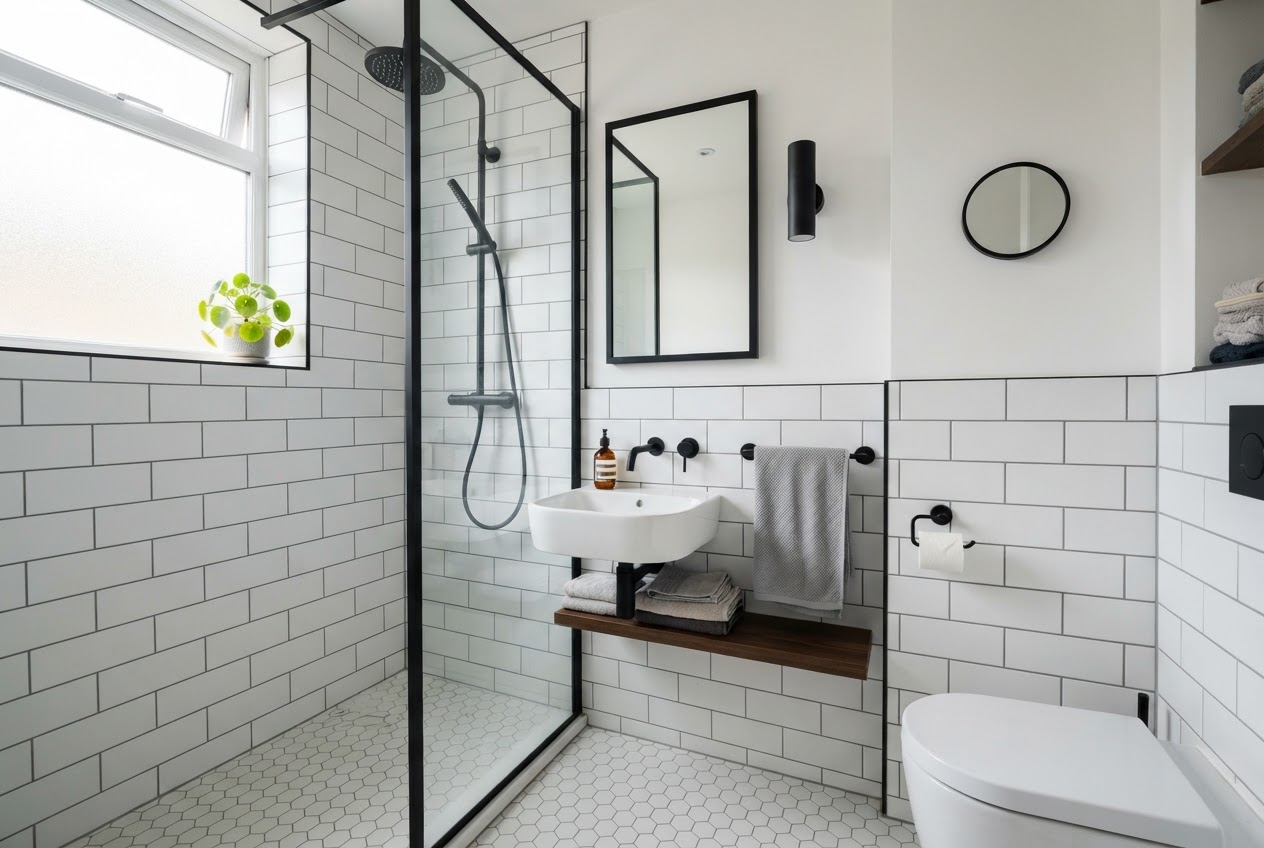 Small bathroom with matte black fixtures, tap and towel rail