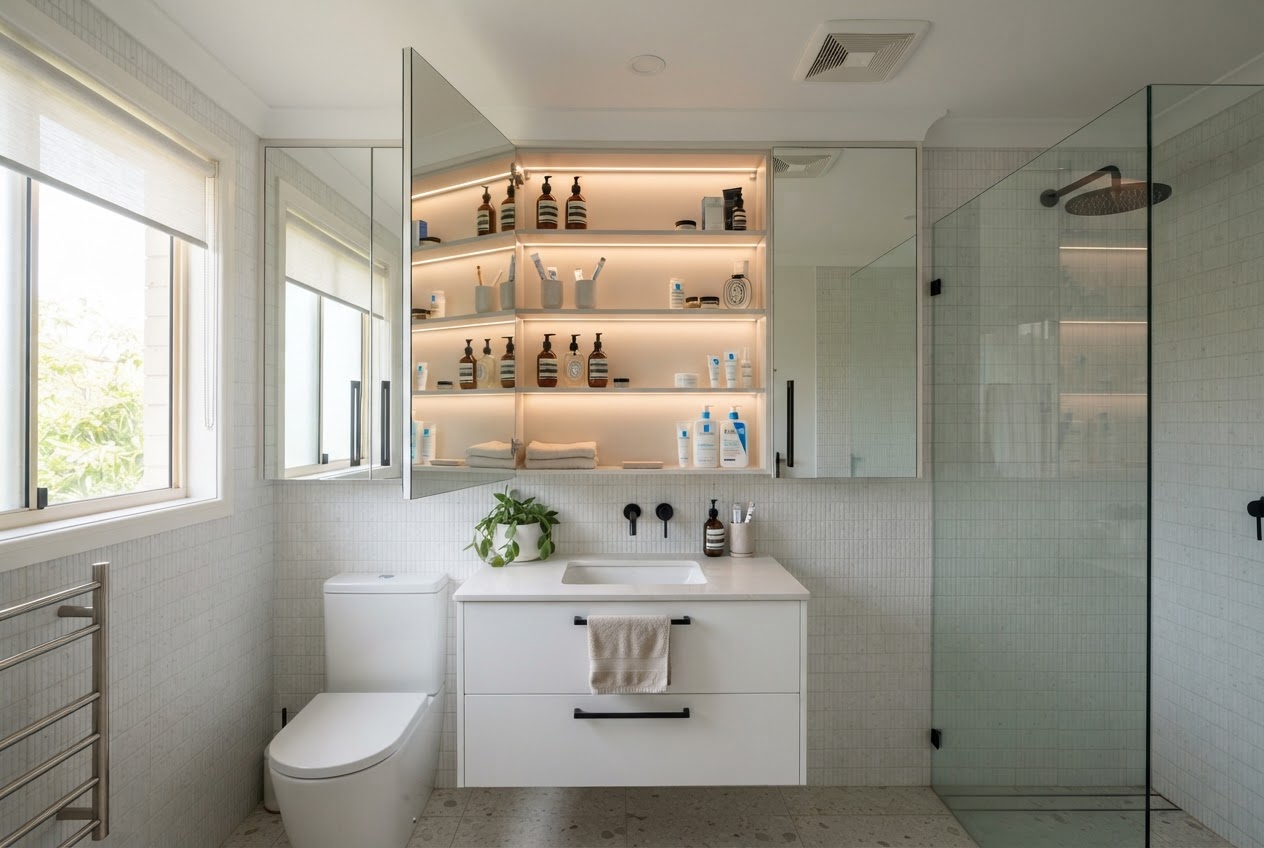 Small bathroom with full-height multi-functional mirror cabinet with LED lighting