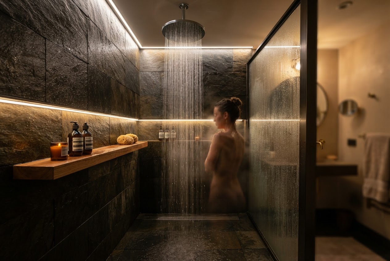 Small bathroom with ceiling-mounted rainfall shower head