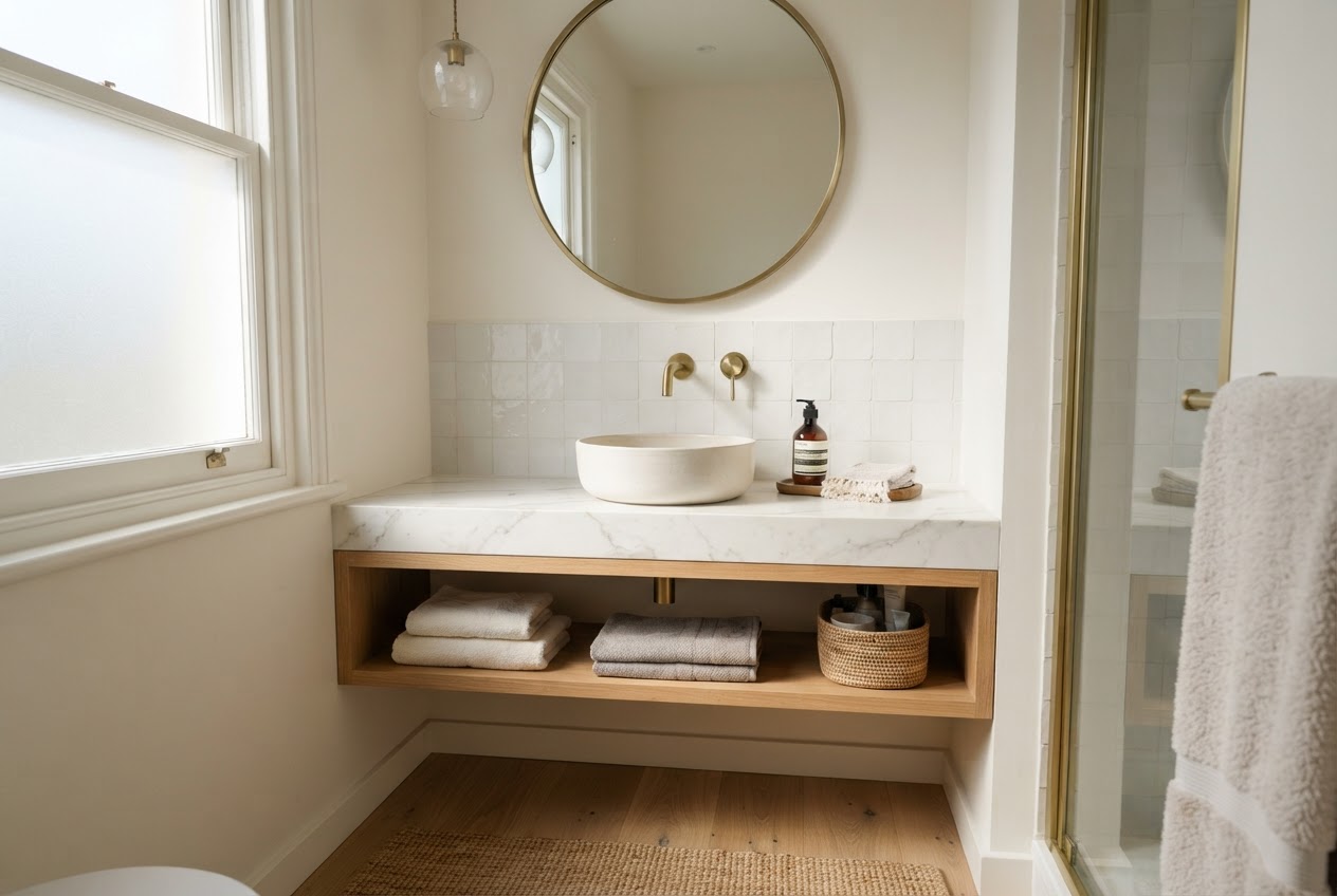 Small bathroom with wall-mounted tap in brushed brass above countertop basin