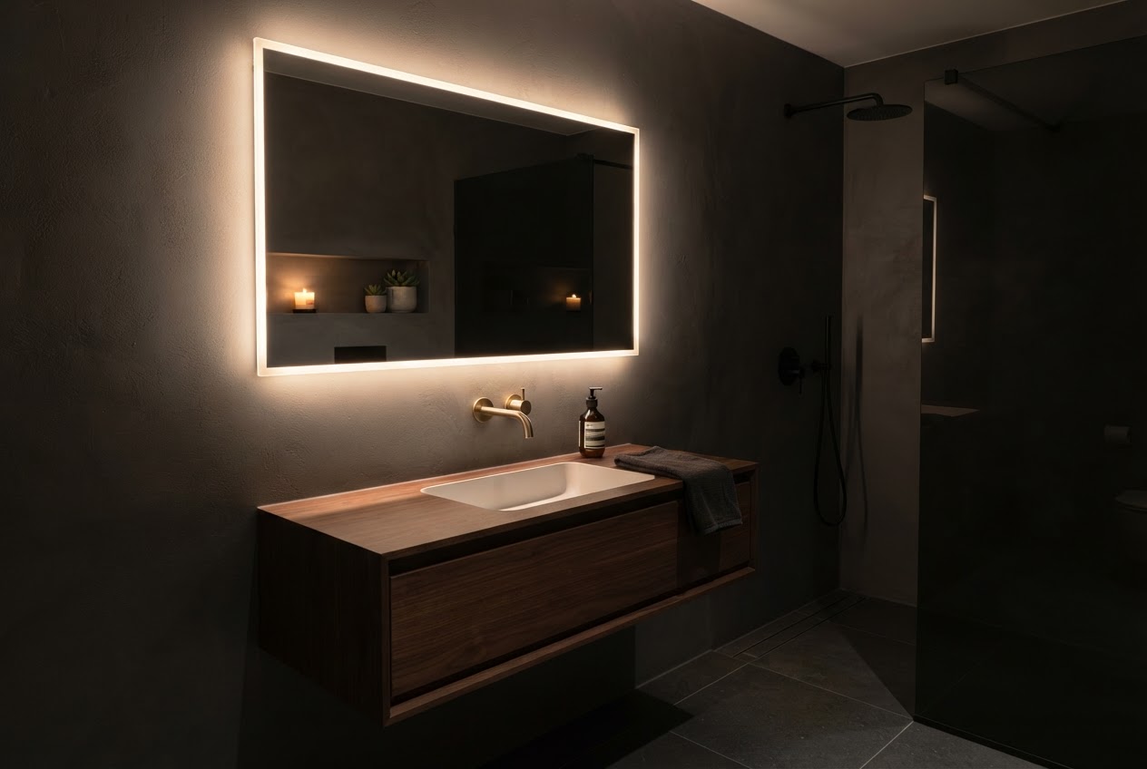 Small bathroom with large backlit LED mirror above floating vanity