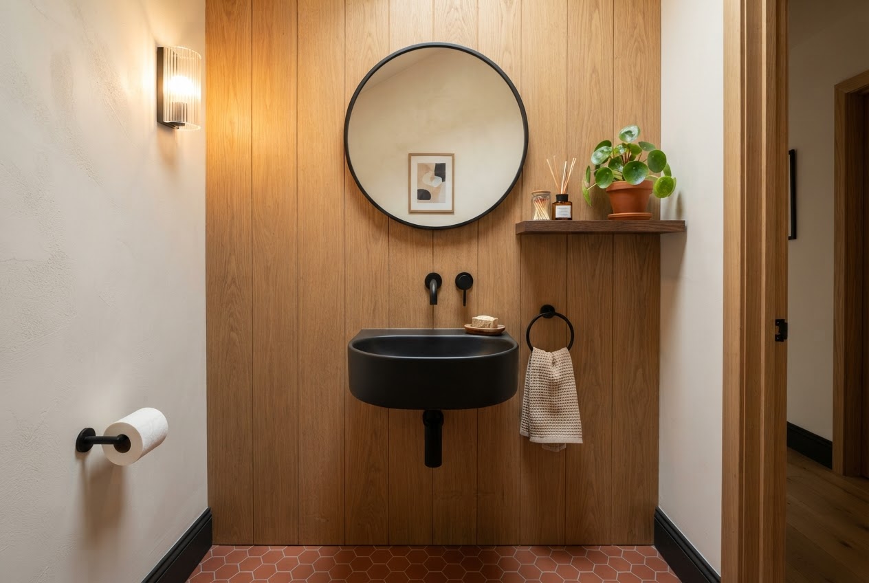 Small powder room with wall-mounted ceramic basin and matte black tap