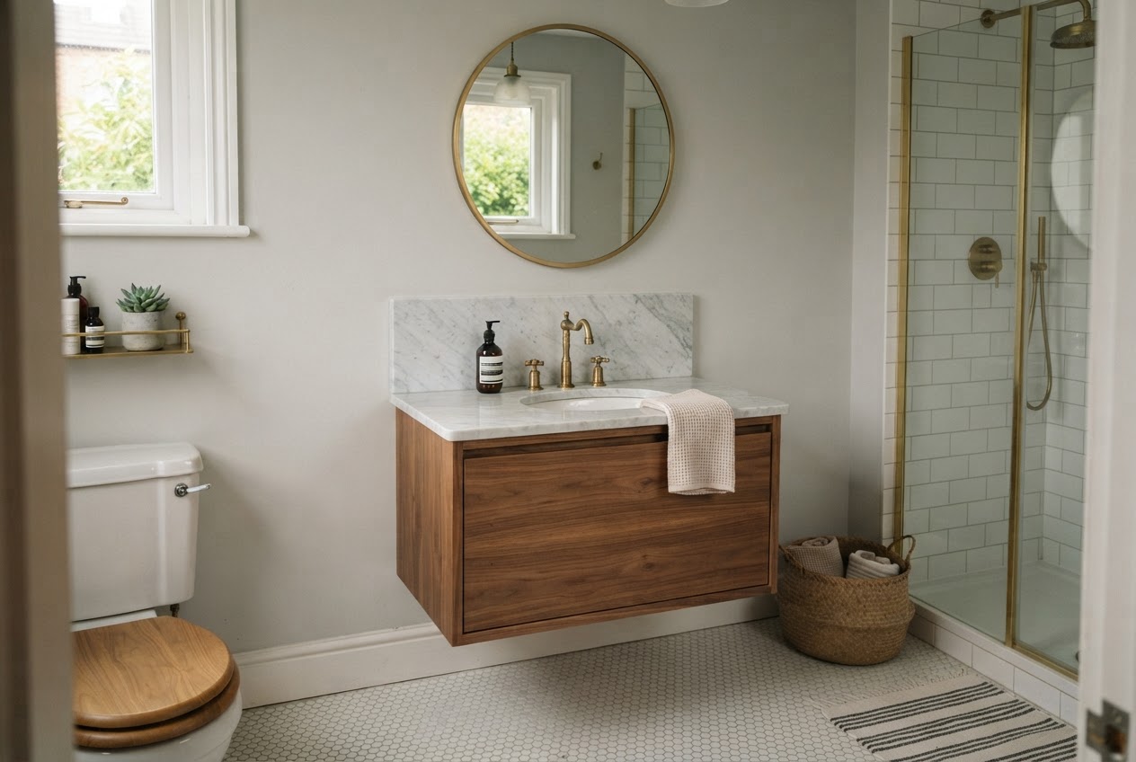 Small bathroom with white penny round mosaic floor tiles