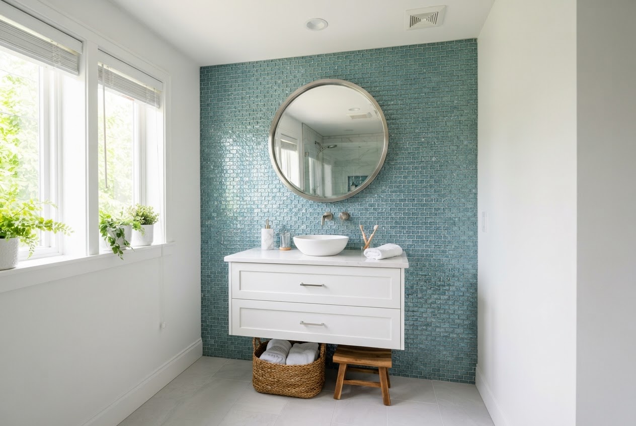 Small bathroom with blue-green glass mosaic tile accent wall behind vanity
