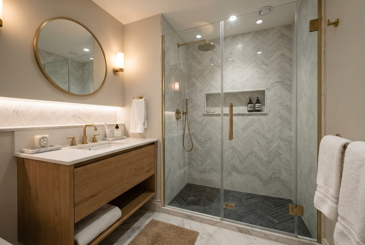 Compact bathroom with frameless glass walk-in shower screen
