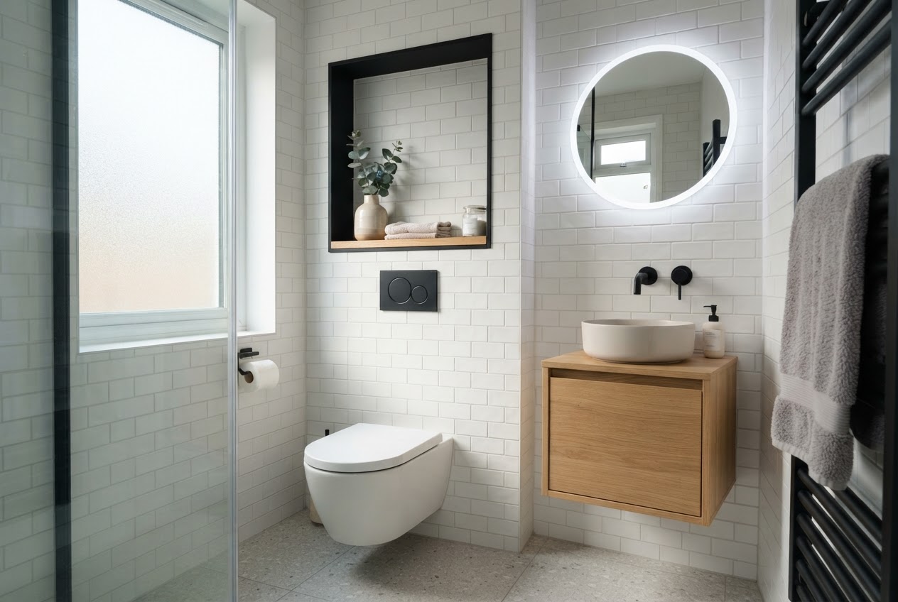 Small bathroom with hidden cistern wall and built-in shelving above toilet