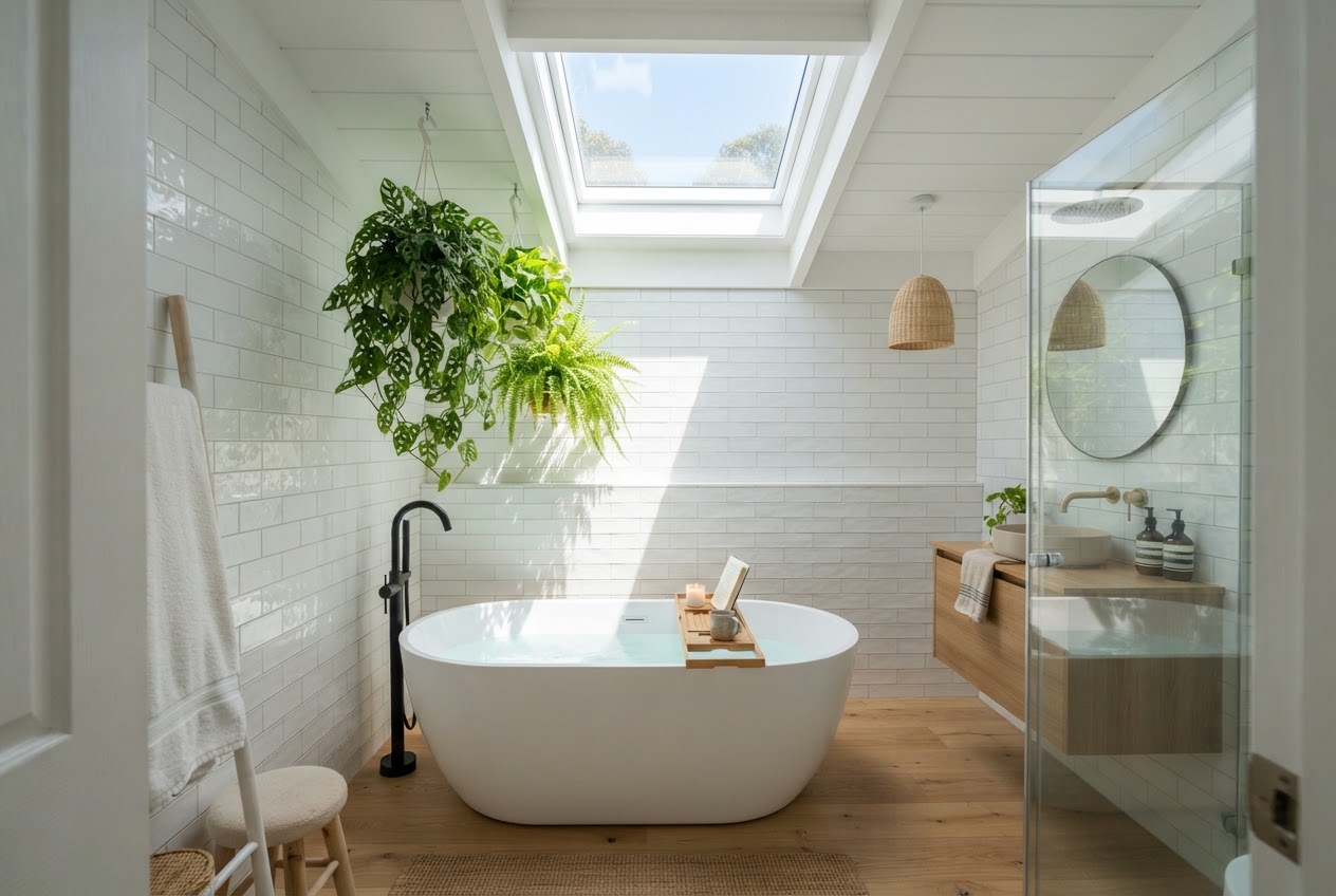 Small bathroom with large skylight flooding space with natural light
