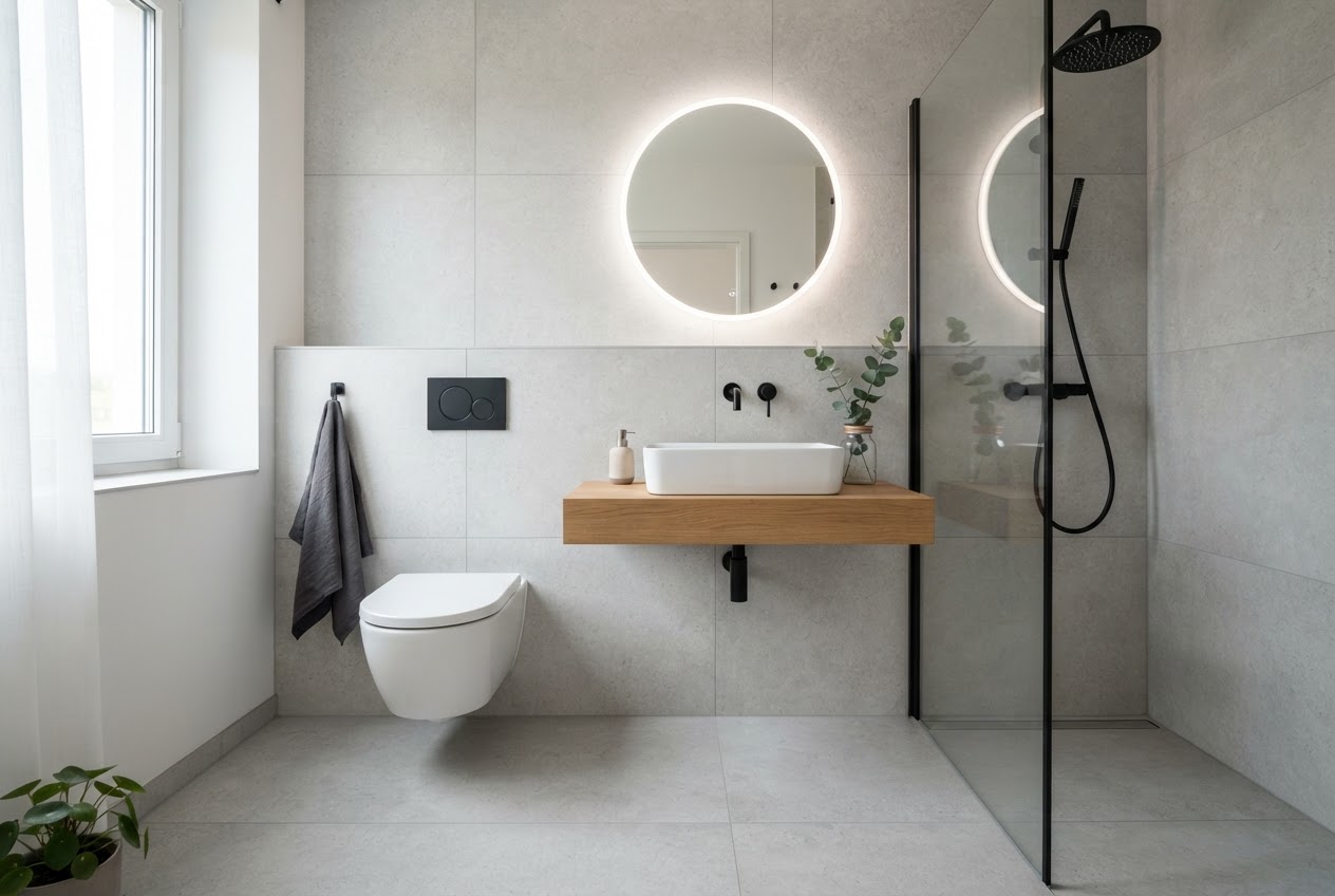 Compact bathroom with wall-hung toilet and hidden cistern
