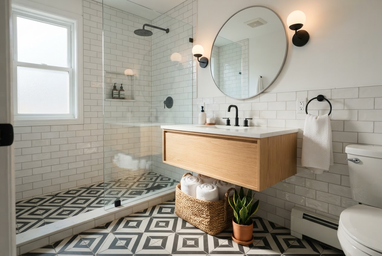Small bathroom with bold geometric patterned encaustic tile floor