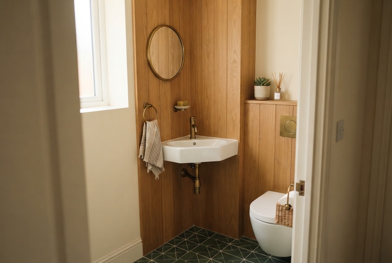 Tiny powder room with triangular corner wall-mounted sink