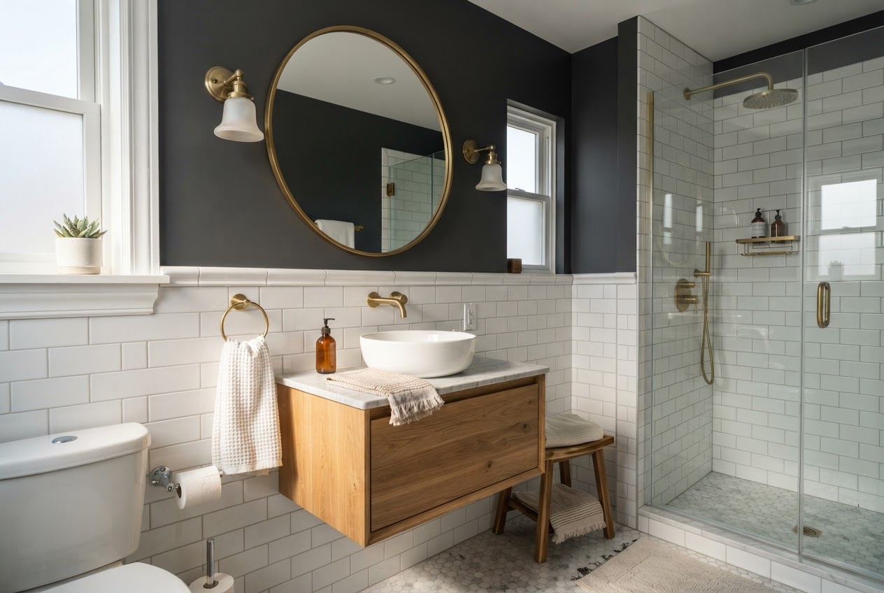 Small bathroom with white subway tile wainscoting and dark paint above