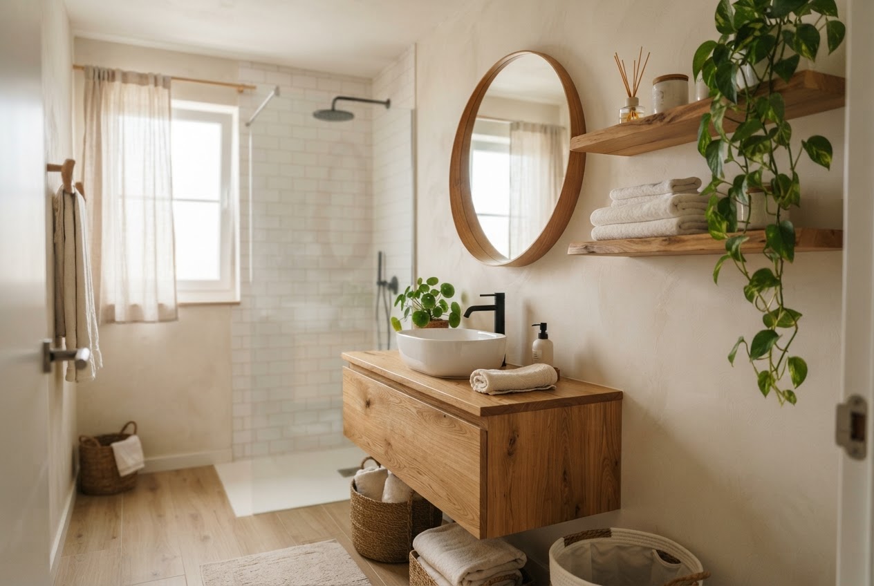 Small bathroom with warm wood accents, wood vanity and shelves