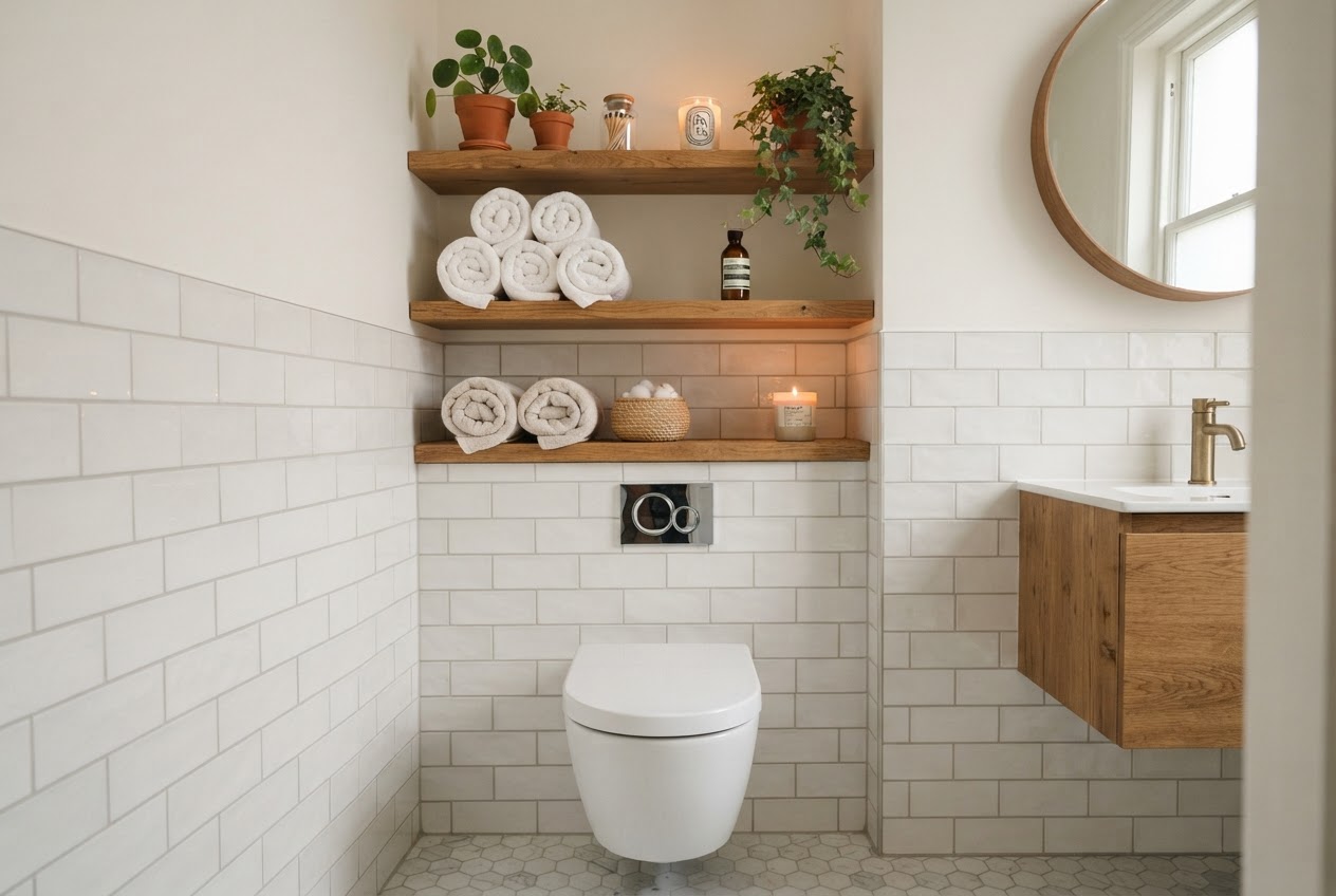 Small bathroom with white floating shelves above toilet styled with towels