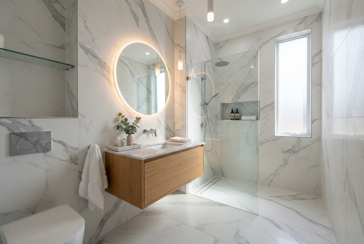 Small bathroom with floor-to-ceiling marble-look tiles