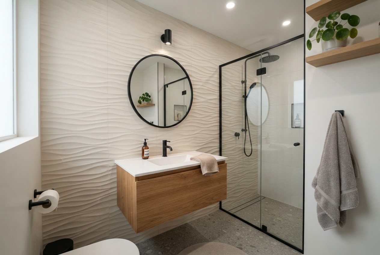 Small bathroom with 3D textured wall panels in warm white geometric pattern