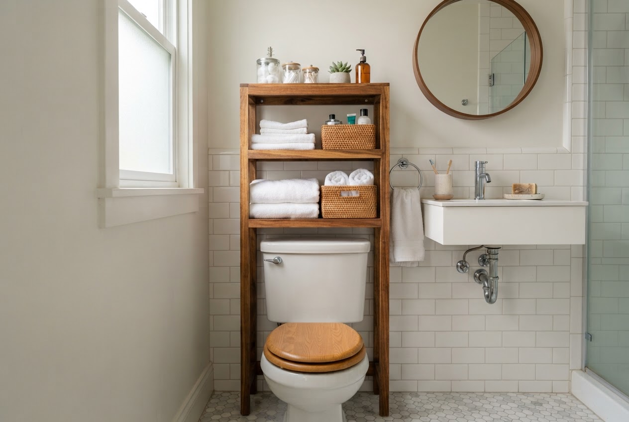 Small bathroom with over-toilet storage rack in warm wood