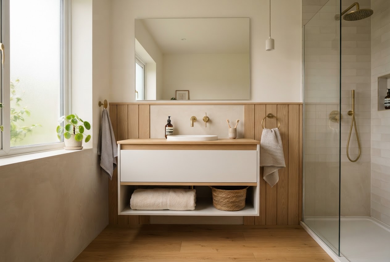 Small bathroom with floating white vanity unit and brushed brass faucet