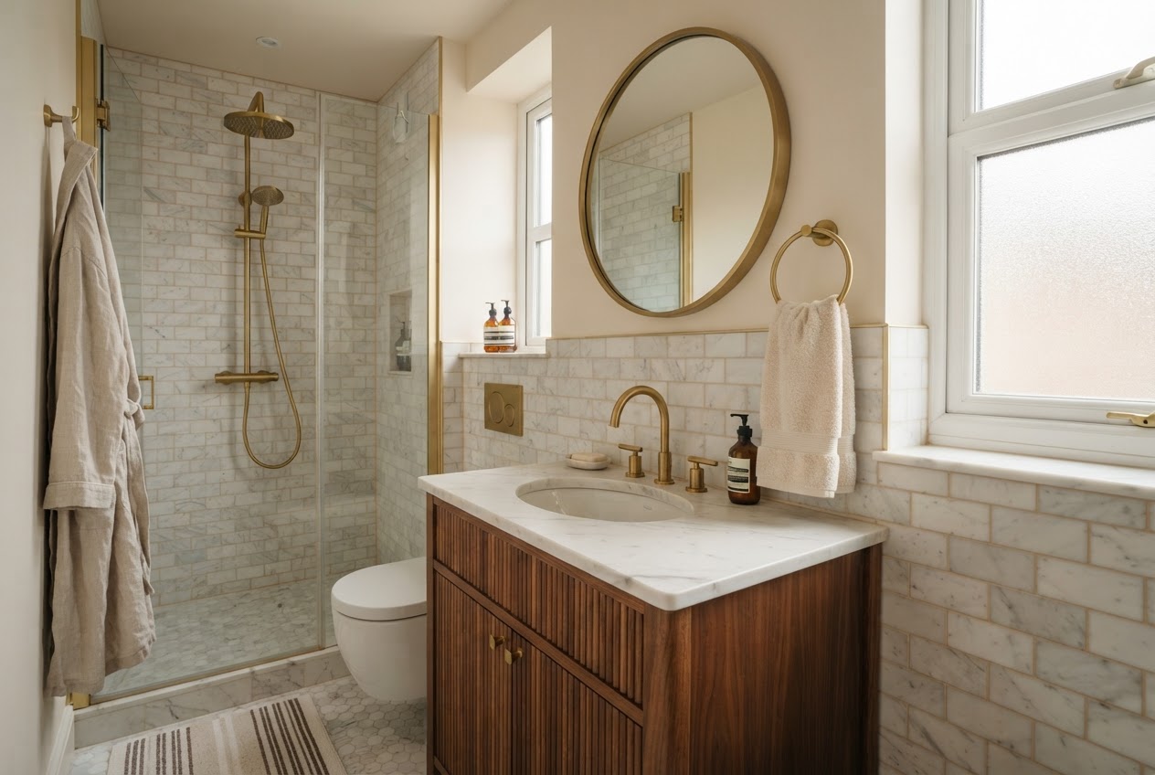 Small bathroom with brushed brass accents, faucet and towel ring
