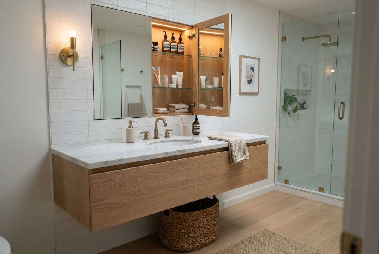 Small bathroom with recessed medicine cabinet built into wall with mirror
