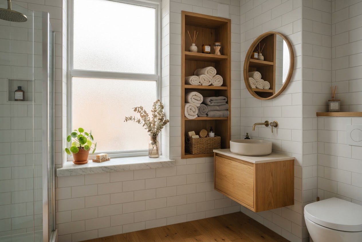 Small bathroom with built-in storage niche beside frosted window