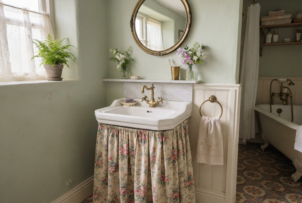 Vintage-style bathroom with pedestal sink and fabric skirt