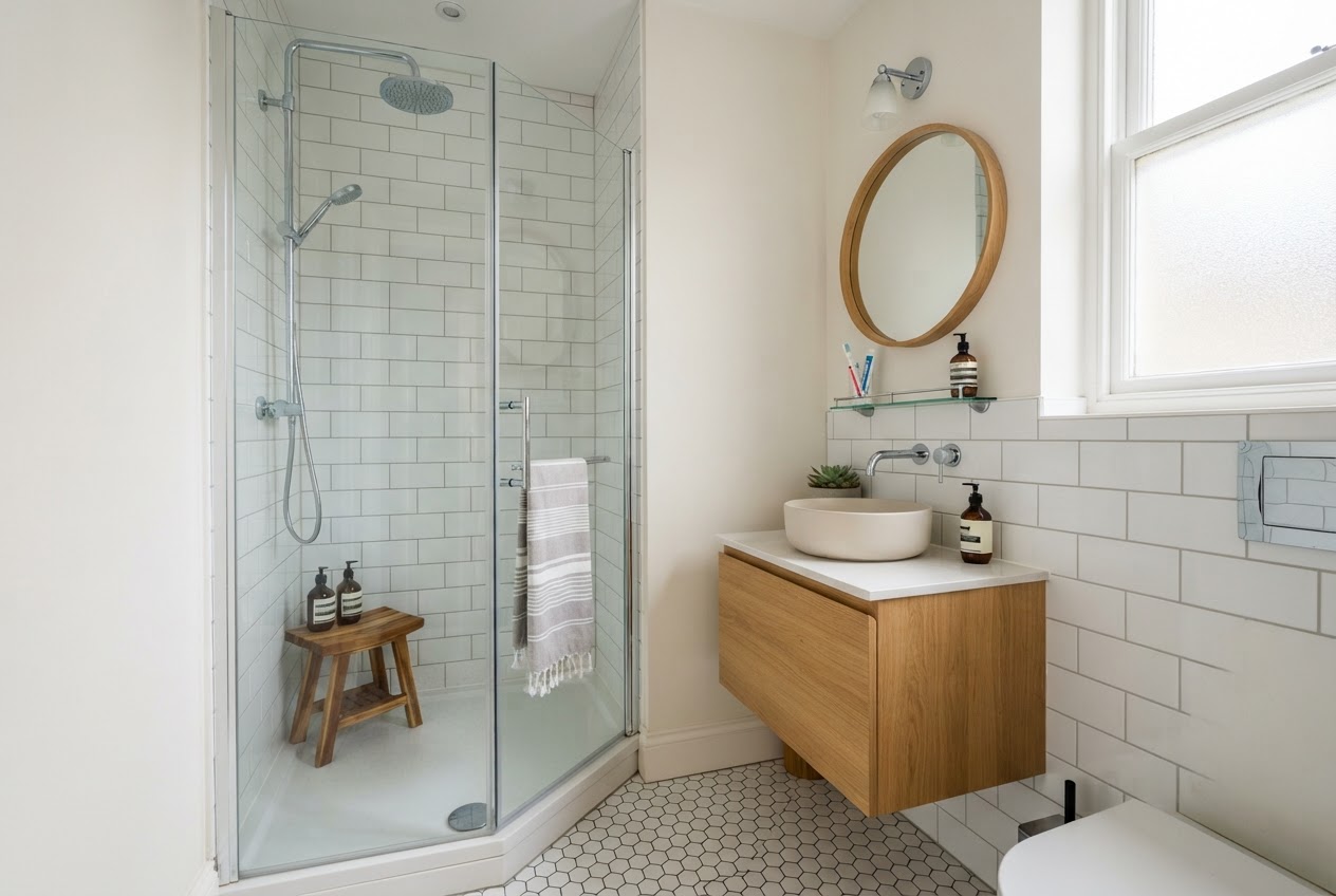 Small bathroom with glass corner shower enclosure and subway tiles