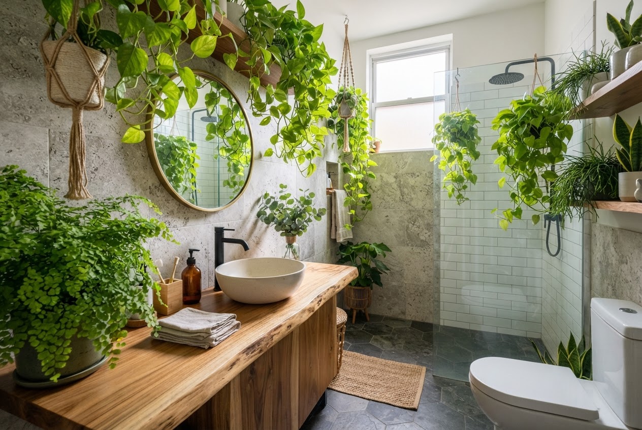 Small bathroom with abundant green plants, hanging pothos and potted fern
