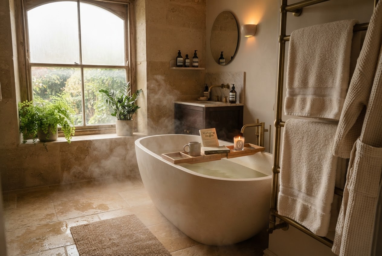 Small bathroom with warm stone tile floor and heated towel rail