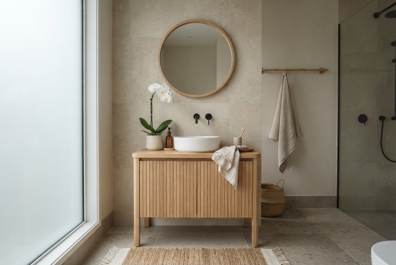 Small Japandi-style bathroom with pale wood vanity and neutral stone tiles