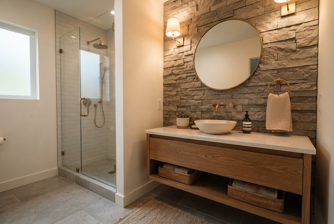 Small bathroom with natural stone veneer accent wall in warm grey tones