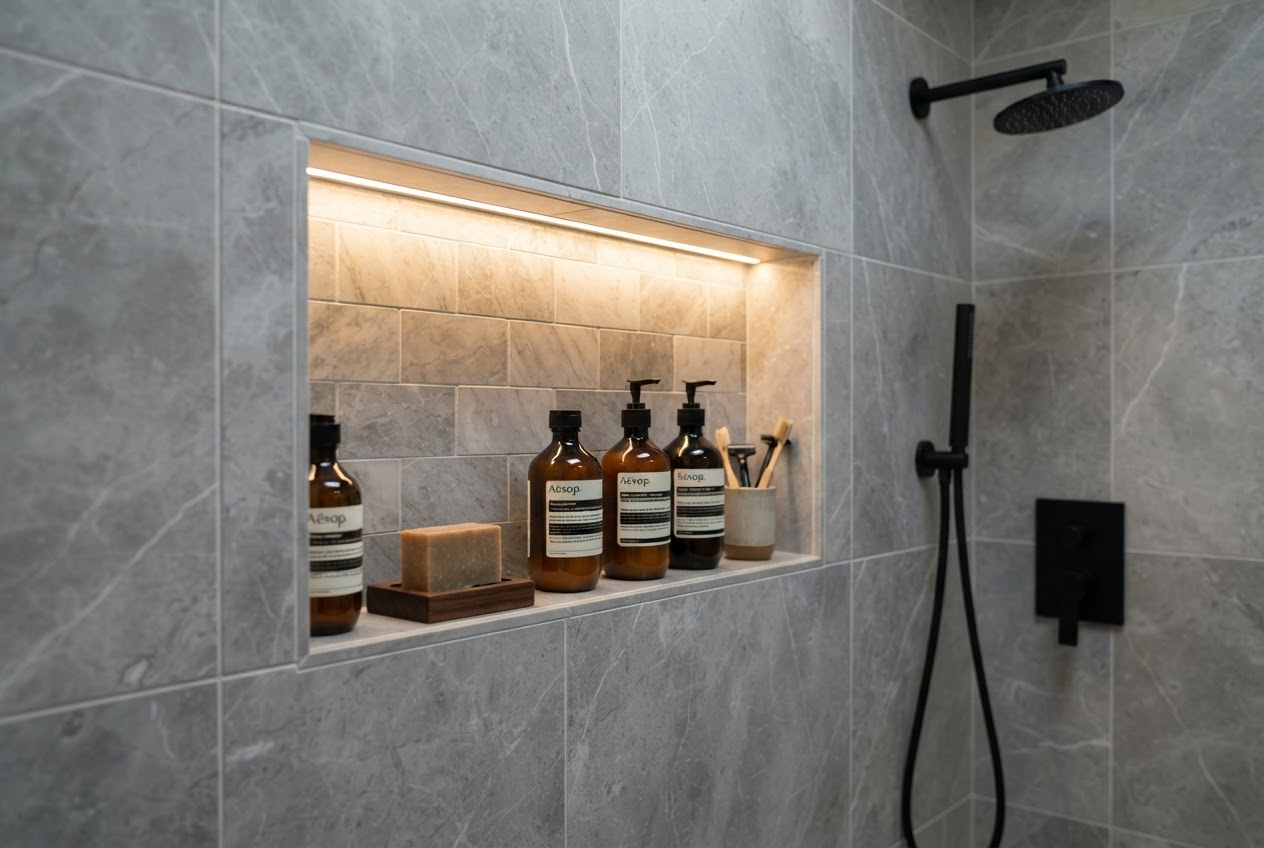 Built-in shower niche with recessed shelving and LED lighting