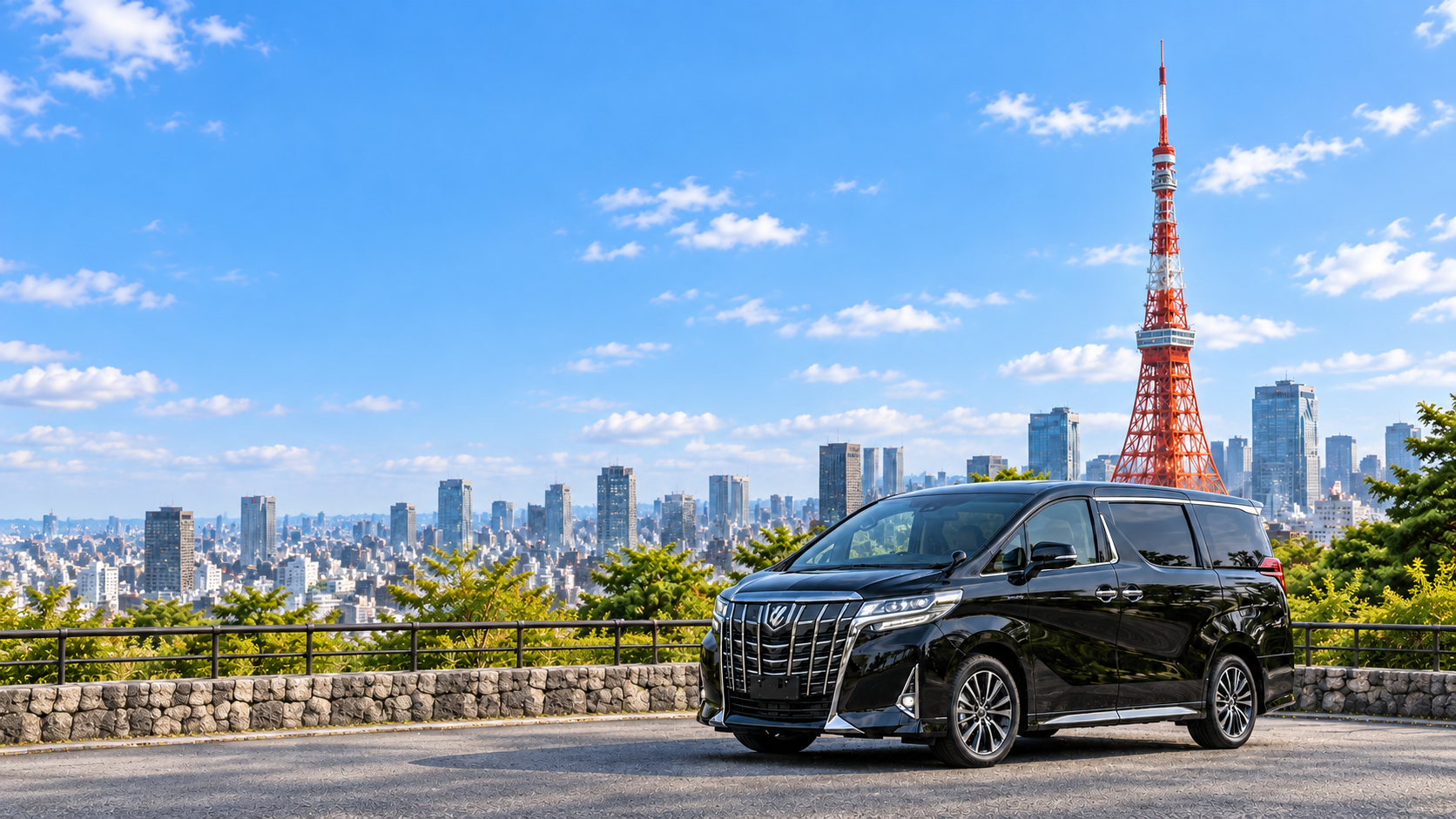 Black Toyota Alphard with Tokyo Tower under blue sky