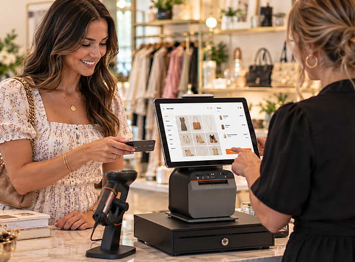Merchant using Payanywhere POS terminal at a boutique checkout counter