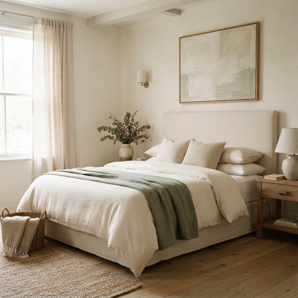 Serene bedroom with layered cream bedding and sage throw
