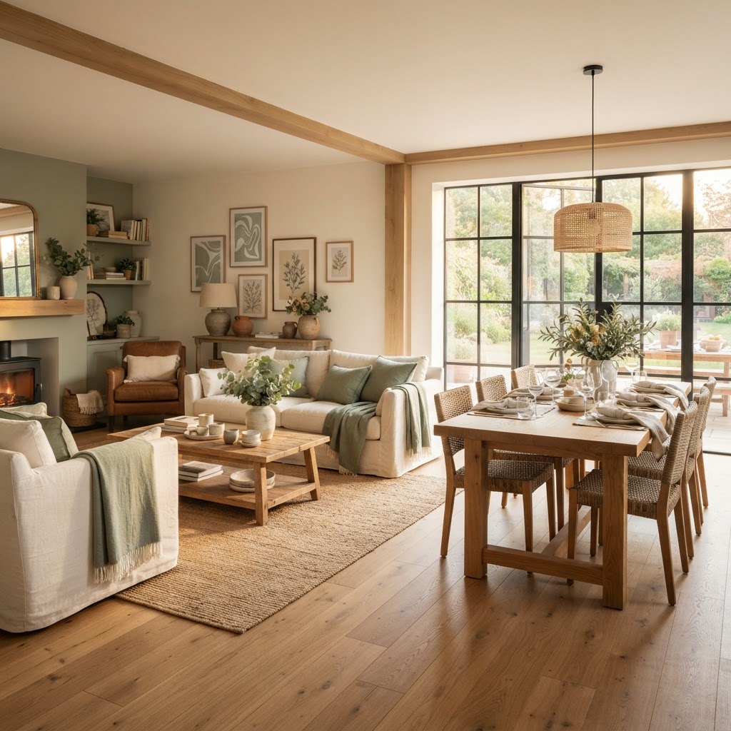 Open-plan living space flowing from living room into dining area
