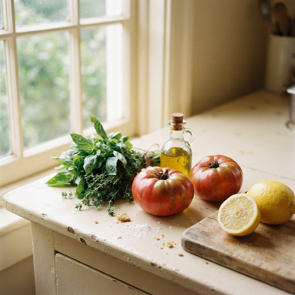 Tomatoes, lemons, fresh herbs and olive oil on a sunlit kitchen counter
