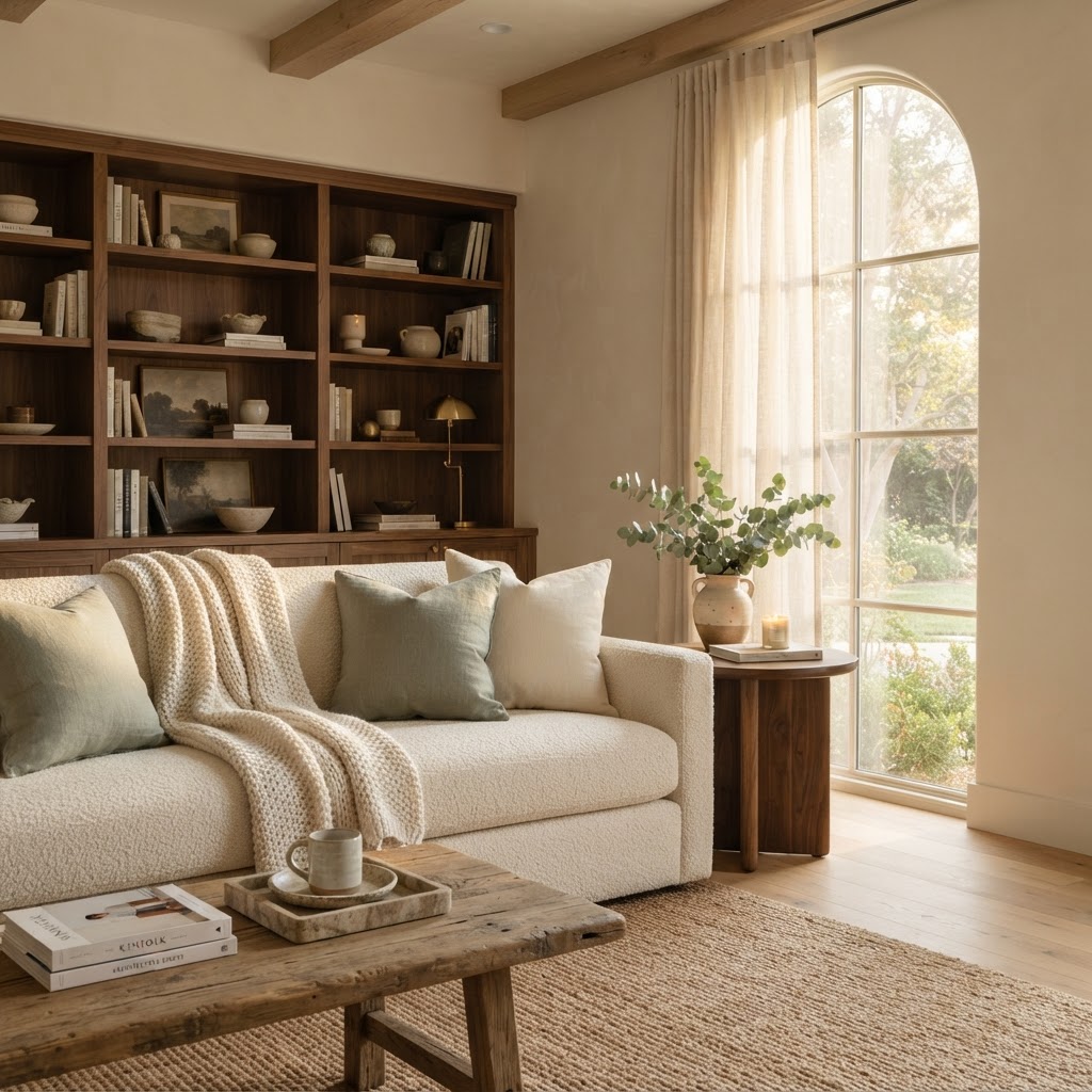 Warm living room with cream sofa, sage accents and linen curtains
