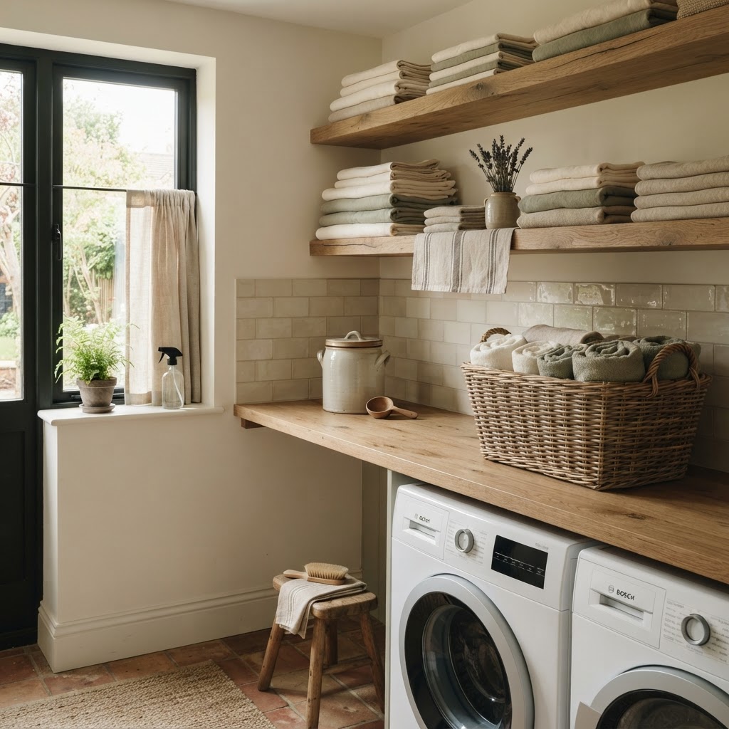 Tidy laundry area with folded linens and wicker basket